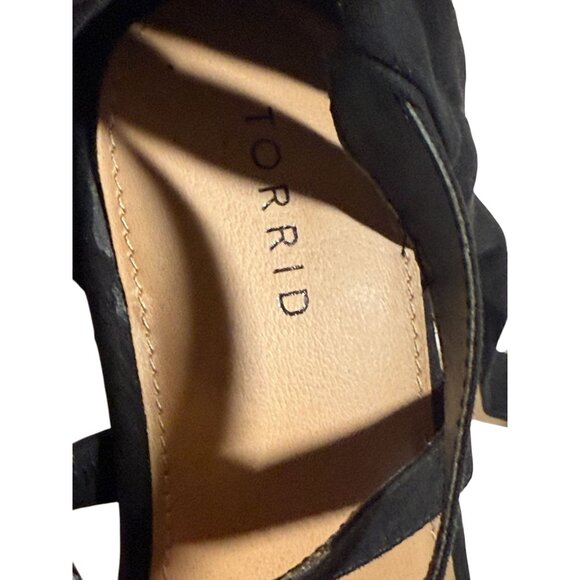 Black Suede Ankle Tie Strappy Block Heel Sandals Back Zipper Closure Size 8WW - Picture 9 of 9